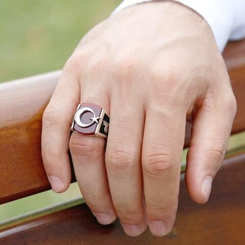 Solid 925 Sterling Silver Ottoman Sultan Tughra Turkish Crescent Moon Star Agate Men Ring