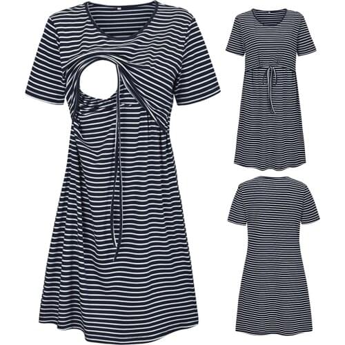 Maternity Clothes Vestidos Pregnancy Dress Womens Maternity Short Sleeve Striped Print Nursing Dress For Breastfeeding платье