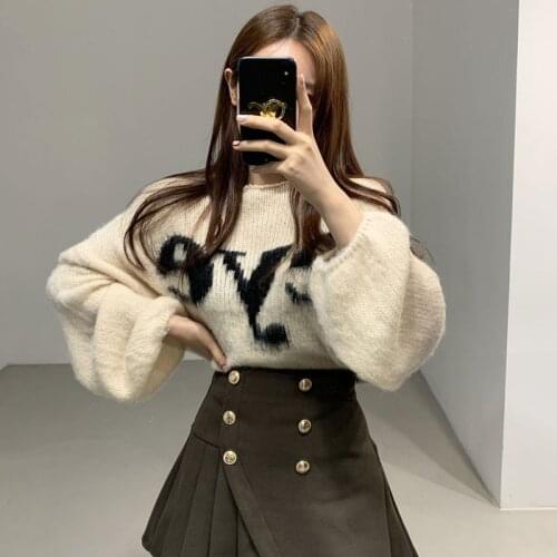 2021 Autumn Winter Vintage O-Neck Letter Print Hit Loose Mohair Long-Sleeved Pullover Knit Sweater Korean WomenS Sweater Tops