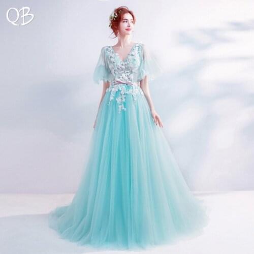 Sky Blue A-line V-neck Tulle Lace Flowers Beading Long Formal Elegant Evening Dresses Bride Banquet Party Prom Dress XS02