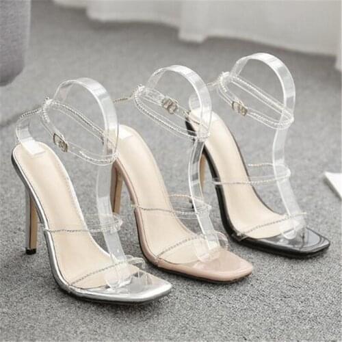 Women sandals PVC Sequined Cloth Buckle Strap 11cm Thin Heels High heels Round Toe Rhinestones sandal for women shoes size 35-42