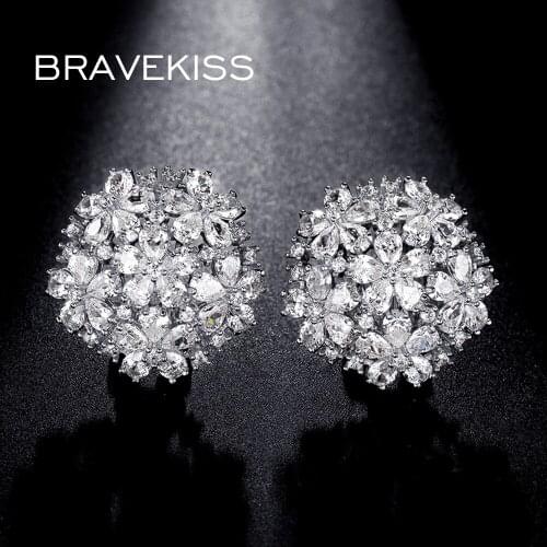 BRAVEKISS large crystal cluster flower stud earrings for women ear piercing hollow ear studs earring cubic zircon BUE0188B