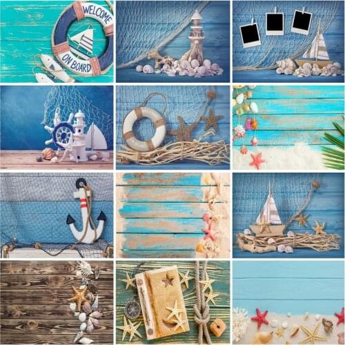SHENGYONGBAO Wooden Board Starfish Shell Conch Photography Background Vinyl Cloth Photo Backdrop Studio Props 210321CAR-02
