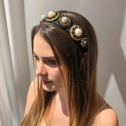 Rhinestone Headband Hair Accessories Gem Baroque Hairbands Big Faux Pearl Hair Bands for Women Girl Luxury Bezel Party Headdress