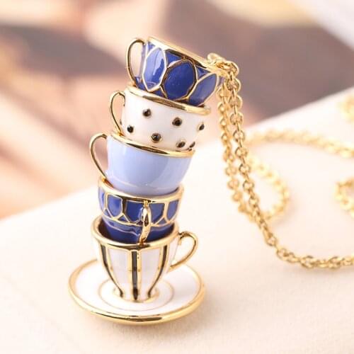 Trendy Delicate Copper Enamel Porcelain Coffee Cup Shape Pendant Necklace Ancient The Silk Road China Sweater Chain Gift Packing