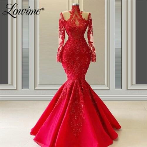 Red Applique Mermaid Evening Dresses 2020 High Neck Long Sleeves Beaded Wedding Party Dress Middle East Dubai Prom Dresses Robes