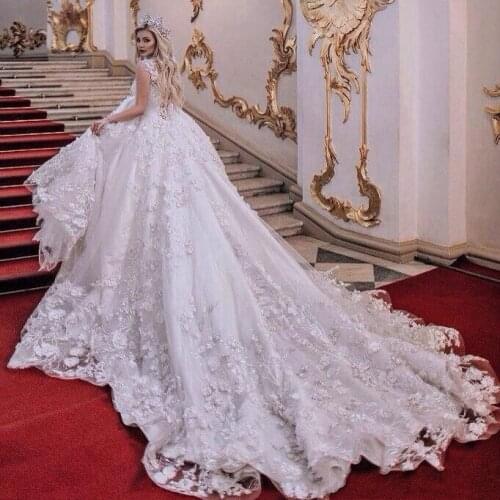 Gorgeous Saudi Arabia Vestido De Noiva 3D Flower Lace Ball Gowns wedding dresses Casamento Royal Train Crystal Vintage