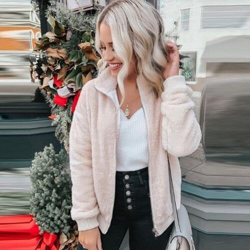 Womens Autumn Winter Solid Jacket Plus Size 2XL Women Plush Coat zipper Oversized Turn-down Collar 2020