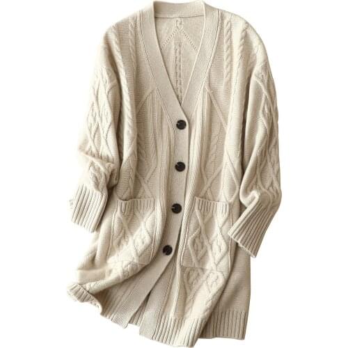 Long Cardigans Women England Style V-Neck Single Breasted Geometric Pockets Knitted Cardigan Fall Clothes for Women 2020