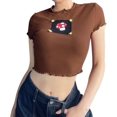 Women Y2K Short Sleeve Top Aesthetic Cute Ladies T-shirt New Short Top With Wood Ears Mushroom Embroidery Stitching Short Women