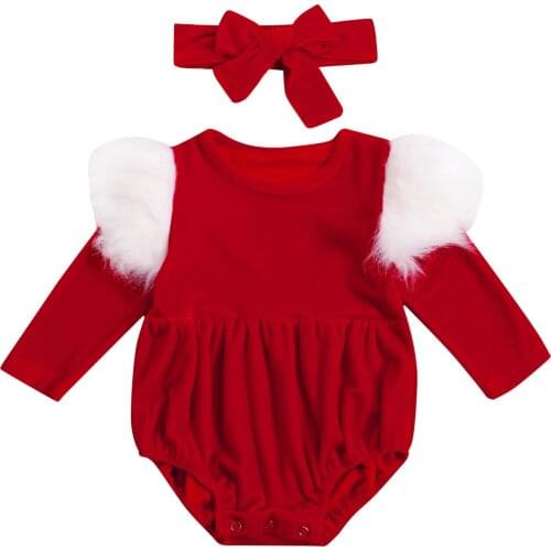 Infant Baby Girls 2Pcs Fall Outfits, Faux Fur Ruffle Trim Long Sleeve Romper with Headband Set