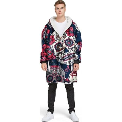 3D Rose Sugar Skull Blanket Red And Blue Sugar Skull Wearable Blanket With Sleeves Pullover TV Nap Throw Blanket