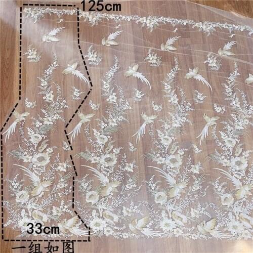 1Piece Large Birds Floral Lace Embroidery Trim Applique Motif Venise Accessories Champagne Patch 125x33cm