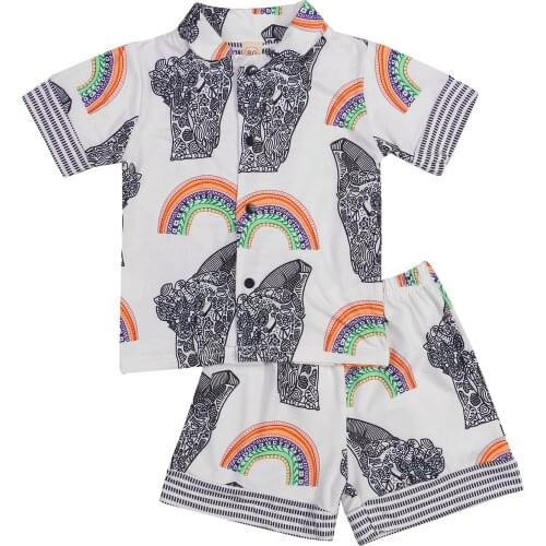 OPPERIAYA Kids Two-piece Pajamas Short sleeve Button Shirts Shorts Animal Rainbow Print Loose Version Summer Casual Clothing