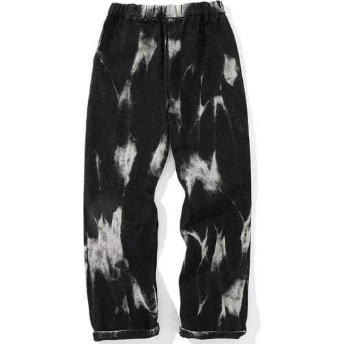 Hip Hop Tie Dye Printed Jeans Men Harajuku Streetwear Elastic Waist Baggy Denim Pants Mens New Diablo Wide Leg Straight Trousers