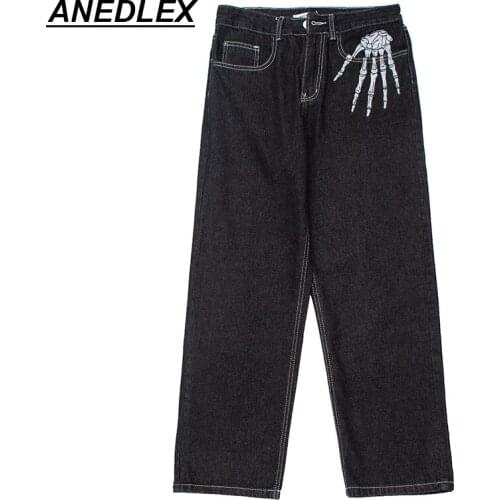 Hip Hop Streerwear Men Jeans Skull Bone Print Casual Pants 2021 Autumn Fashion Man Women Casual Trousers Wide Leg Straight Pants