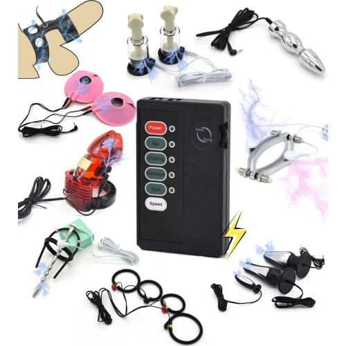 Electric Shock Anal Vagina Plug Cock Cage Penis Plug Ring Nipple Sucker Clamp Labia Clip BDSM Electro Stimulation Couple Sex Toy
