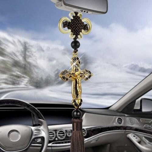Jesus Figurine Cross Car Pendants Auto Decoration Hanging Automobiles Rear View Mirror Christian Suspension Decor Accessories