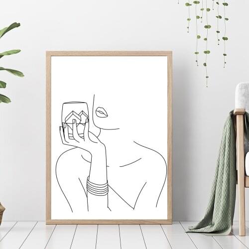 Whiskey Line Art Woman Art Line Drawing Posters Abstract Minimalist Wall Art Canvas Print Painting Cocktail Bar Decorative Pictu