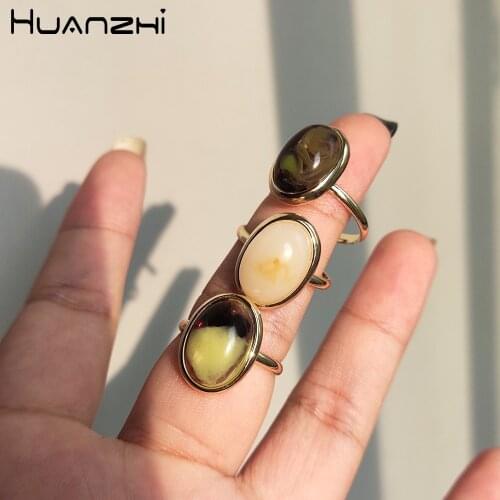 HUANZHI 2020 New Trendy Korean Minimalist Geometric Colorful Resin Vintage Oval Adjustable Metal Rings for Women Girls Jewelry