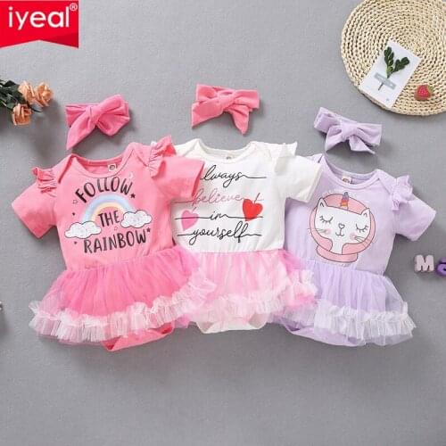 IYEAL Princess Baby Girls Jumpsuit+ Headband Ruffles Baby Clothes Bebe Roupas Kids Newborn Tutu Bodysuits Infant Toddler Outfit