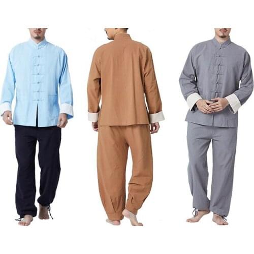 Male Spring&Autumn red/blue/grey Cotton&linen yoga suit tai chi wushu suits kung fu clothing zen lay meditation uniforms