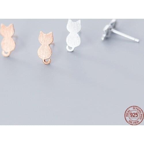 LKO 925 Sterling Silver Cute Small Cat Stud Earrings For Women Girls Gift Wire Drawing Process Handmade Fashion Ear Jewelry
