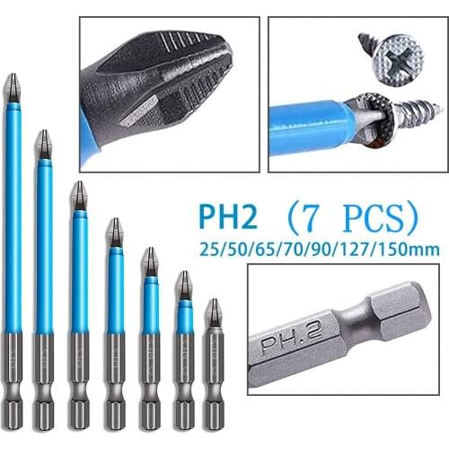 7 Pcs Screwdriver Bits Set 25mm-150mm PH2 Anti-slip with Magnetic 1/4 Hex Shank Fits Hand Electric Drill Driver Hand Accessories
