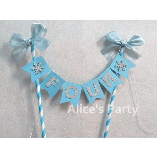 New Glittery Silver Four Cake Banner 4th Birthday Smash Cake Topper Custom Number 4 Snowflake Baby Shower Blue Bows Cake Bunting