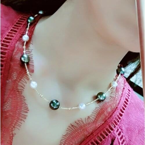 Natural seawater Tahiti Black Pearl Necklace malachite green 18k carat gold imported laser