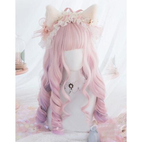 CosplayMixLolita 50CM Purple Pink Bangs Cosplay Wig Popular Long Curly Women Heat Resistant Synthetic Hair+Free Cap