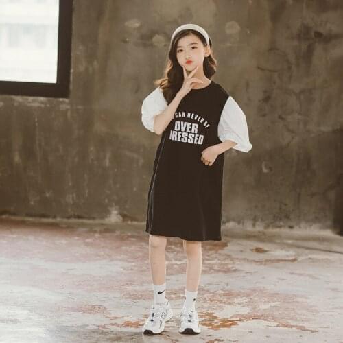 Girls Dress Cotton Patchwork Puff Sleeve 2021 New Kids Clothes Children Summer Dress Baby Casual Dress Letters,#6249