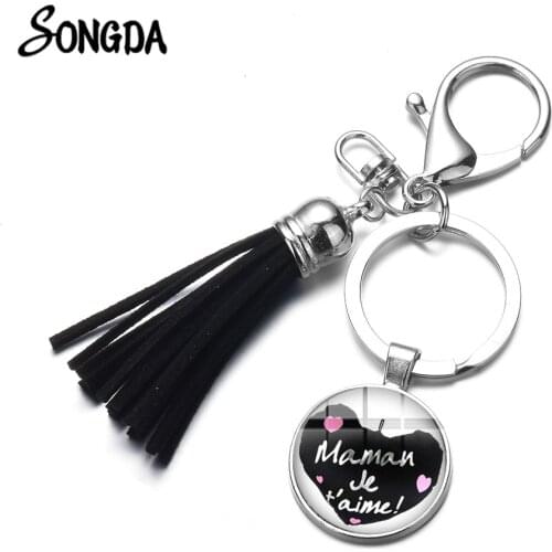 Family Gift Love Mom & Dad Glass Art Picture Keychain French Je T'aime Maman Papa Key Chain Leather Tassel Charm Key Ring Holder
