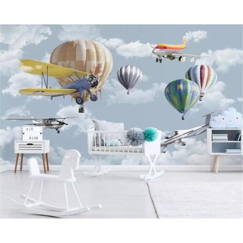 Beibehang Customized silk wallpaper hand drawn Cartoon aircraft hot air balloon children room background wall 3d wallpaper mural