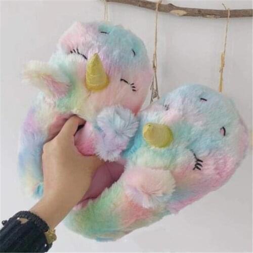 Womens Winter Cotton Shoes Cute Cartoon Unicorn Slippers Casual Warm House Shoes Ladies Plush Slides Female Furry Flip Flops