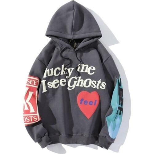 Weirdo 2021 Graffiti Letter Printed Hoodies Men Lucky Me I See Ghosts Mens Hooded Sweatshirts Fleece Streetwear Harajuku
