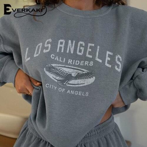 Everkaki Casual Hoodies with No Hat Women Oversized Letter Print Chic Tops Aesthetic Graphic Pullovers Boho Hoodie Female 2021