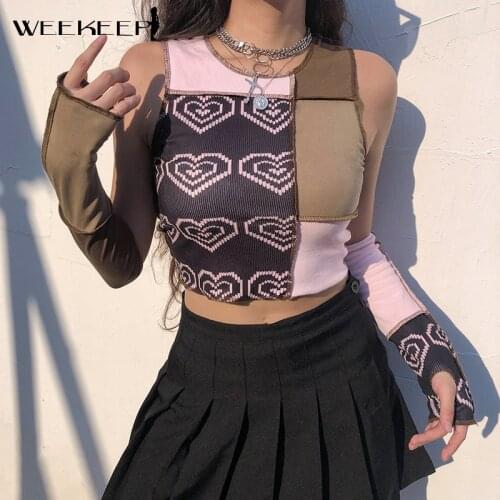 Weekeep Harajuku Heart Print Knitted T-Shirt Women Half Sleeve Patchwork Crop Top Summer Casual Grunge Fashion Tank Korean Basic