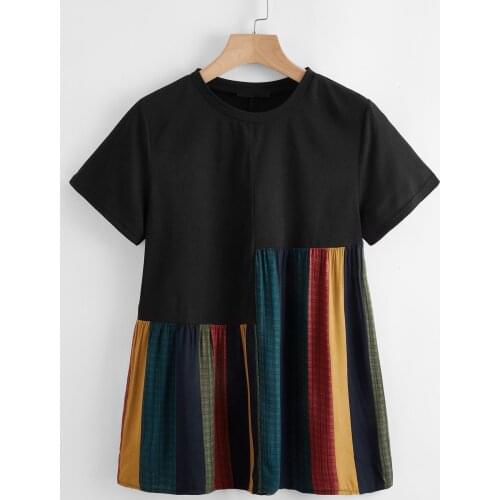 Womens Shirts Casual Tee Shirts Short Sleeve Patchwork Color Block Tunic Tops Blouses Contrast Striped Hem Babydoll Top