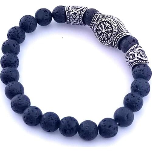 Nordic Viking Compass Rune Amulet Bracelet Fashionable Men and Women Volcanic Stone Energy Bracelet