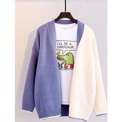 New Women Sweater Cardigan Casual Autumn Winter Knitting Sweater High Quality Splice V Neck Single Breasted Long Sleeve Tops