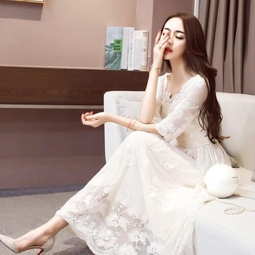 2017 Spring Summer Women dress Fashion Elegant Closed waist Lace Swing Midi Dresses Vestidos