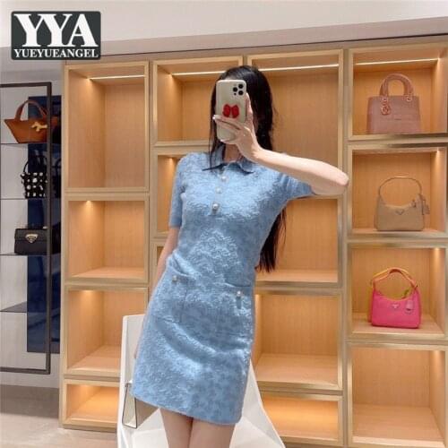 Office Lady Slim Fit Knitted Dress Summer Short Sleeve Women Sexy Mini Dresses Vintage Lapel Collar Wrap Bodycon Dress Knitwear