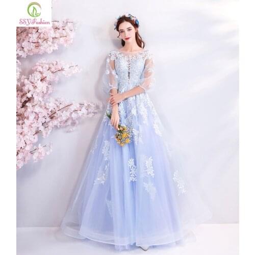 SSYFashion New Fresh Light Blue Evening Dress 3/4 Sleeved Floor-length Lace Appliques Sequined Prom Party Gown Robe De Soiree