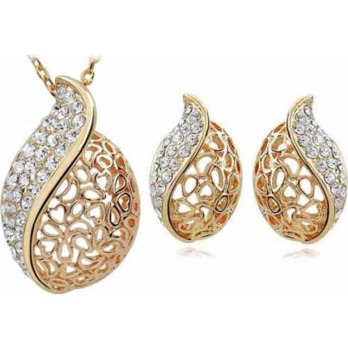 AAAA+ Rhins stones flame hollow leaf leave Pendant Necklace Earring fashion Jewelry set flowers bud 2 colors quality