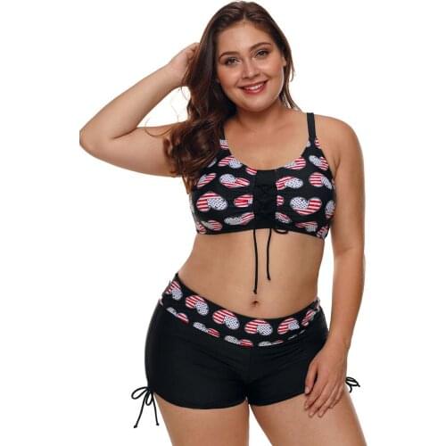 USA Flag Heart-shaped Print Tankini Women Adjustable Shoulder Straps Back Hollow Out Sexy Bikini Tank Top With Boyshort Swimsuit