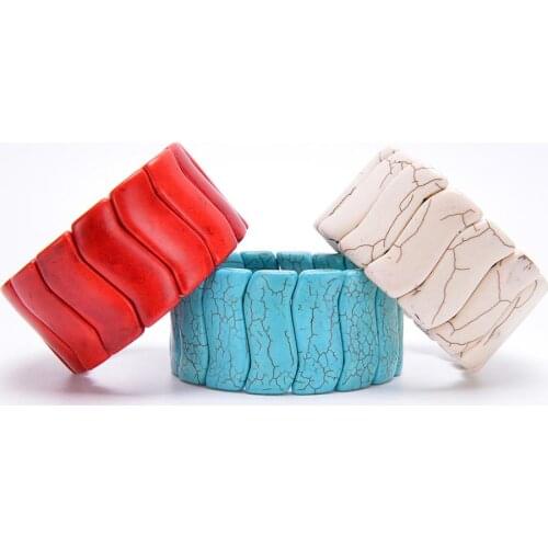 White Red Blue Stretch Howlite Bracelet Wrist Wrapped Wide Bracelets Fingernail Shape Stones Bangles for Men Healing JewelryD035