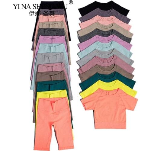 Seamless Womens Sportswear Yoga Set Workout Clothes Athletic Wear Sports Gym Short Legging Fitness Top Short Sleeve Yoga Suit