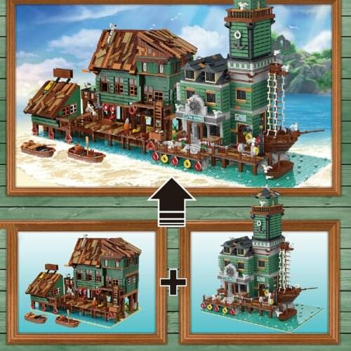 Urge Block UG30101- UG30105 Fishing House Pier Fishing Boat House Diner Captains Wharf Building Block Brick Model Toys for Kids