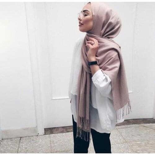 One piece foulard women pashmina hijab acrylic twill wedding pashmina scarf solid plain hijab shawl tassel scarves bufanda wraps